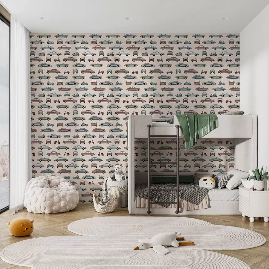 Шпалери Ретро-автомобілі та скутери на бежевому тлі a01178v1