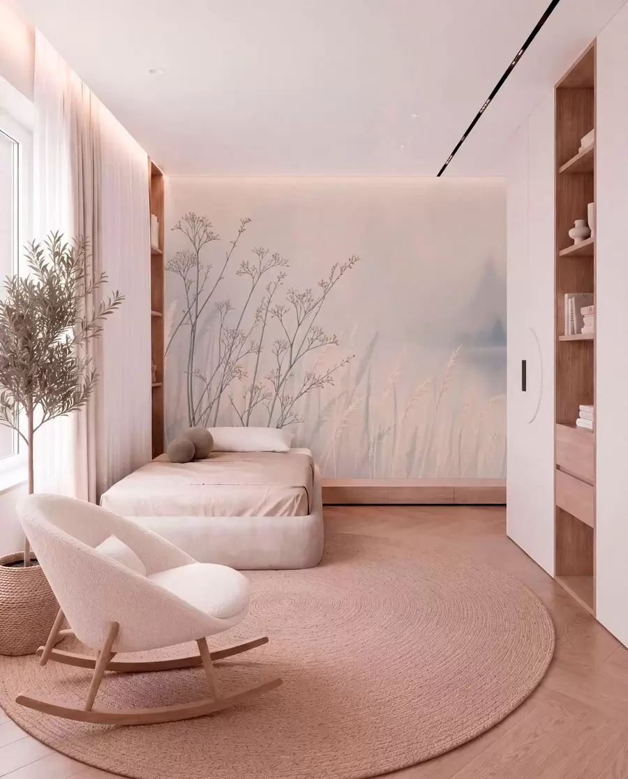 Шпалери Лугові трави біля води в туманному пейзажі w05534