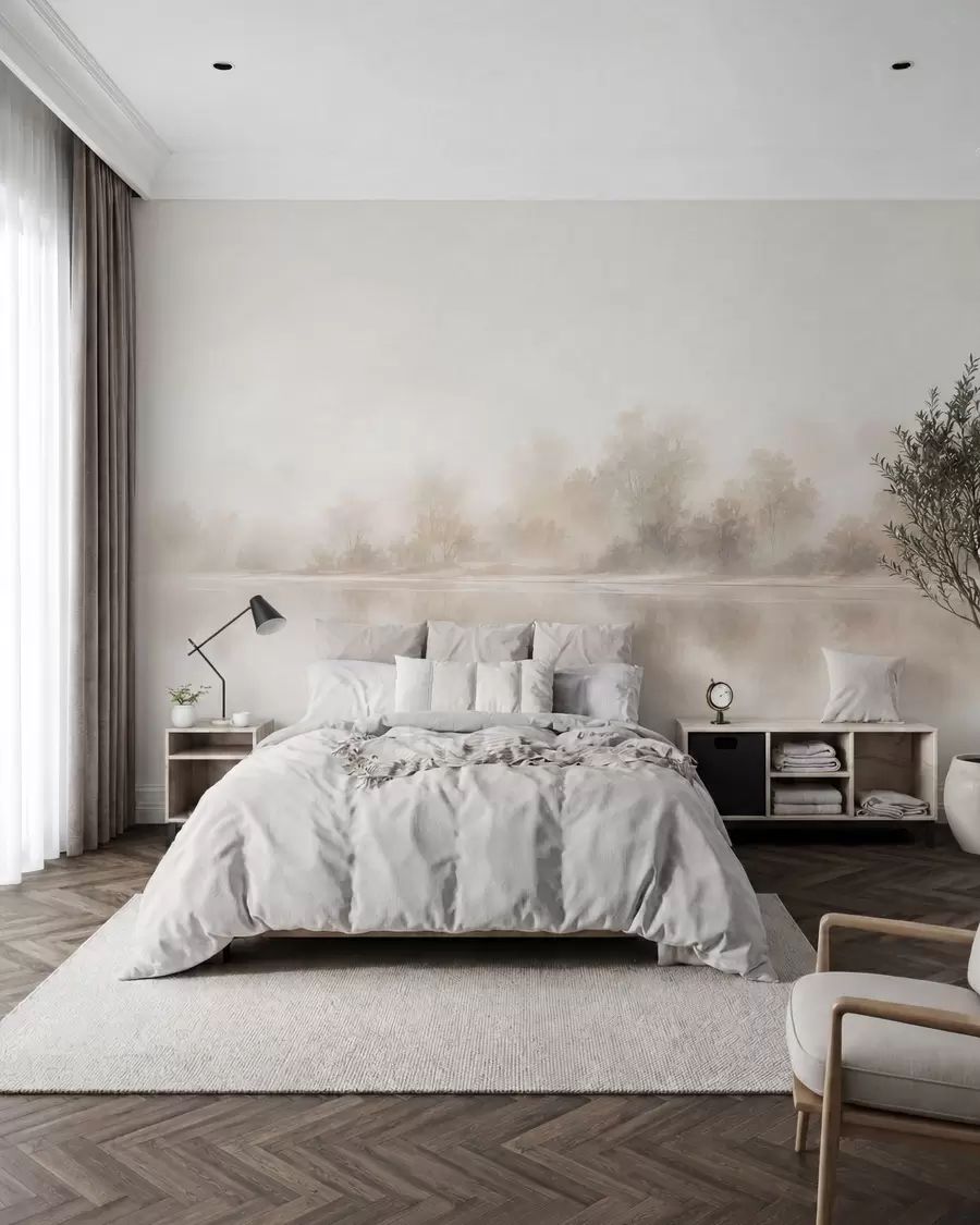 Шпалери Мінімалістичний туманний пейзаж з ніжними відблисками у теплих нейтральних тонах w05606