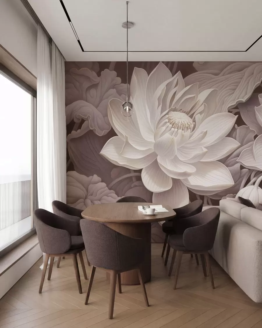 Шпалери Ретро-малюнок квітів лотоса у ніжних сепійних тонах з виразно промальованими пелюстками — художня ботанічна ілюстрація w05494v1