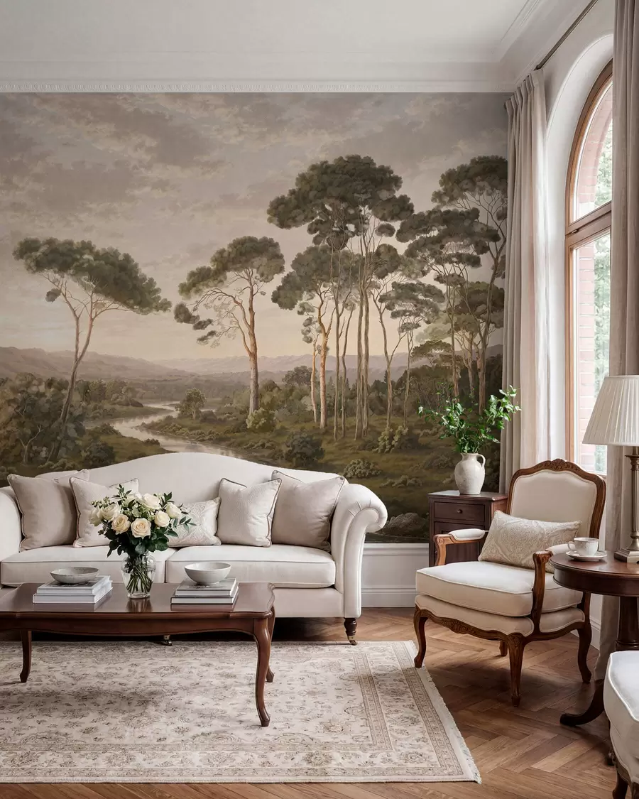 Шпалери Пейзаж із річкою, деревами та далекими пагорбами w05696