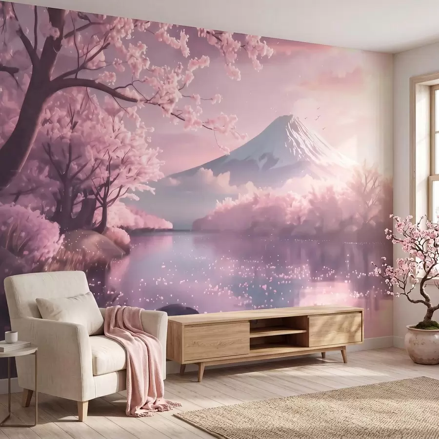 Шпалери Спокійний японський пейзаж із квітучими сакурами та гірським озером на світанку w09864