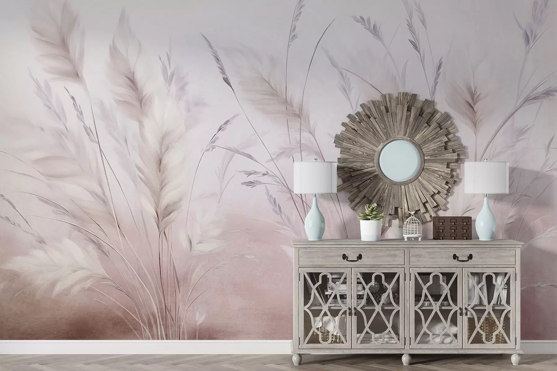 Шпалери Висока, пухнаста трава м'яко колишеться на тлі м'якого, приглушеного фону — витончене природне мистецтво w09831v1