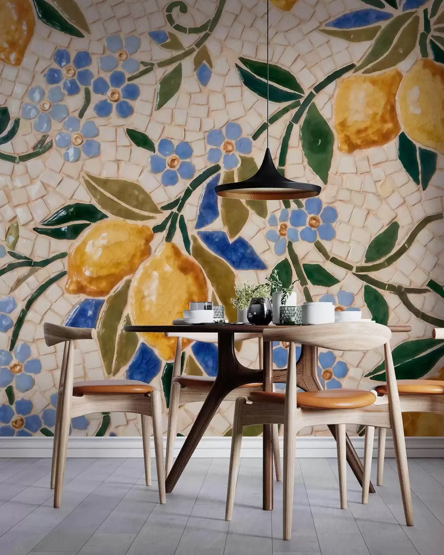 Шпалери Яскрава декоративна композиція у стилі керамічної мозаїки із соковитими лимонами, квітами, листям та гілками w09948