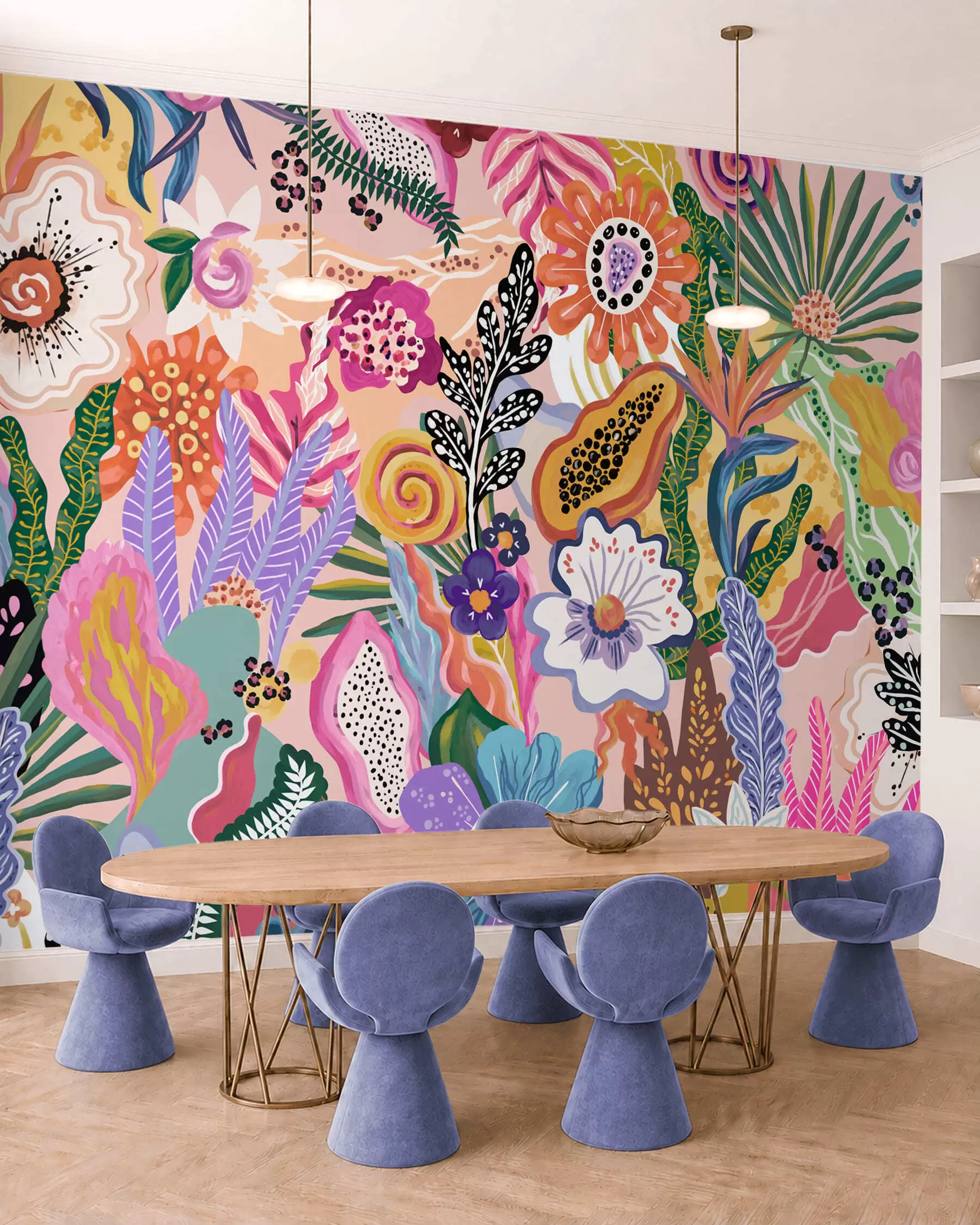 Шпалери Яскравий тропічний візерунок із квітами, листям та барвистими фруктами w05815