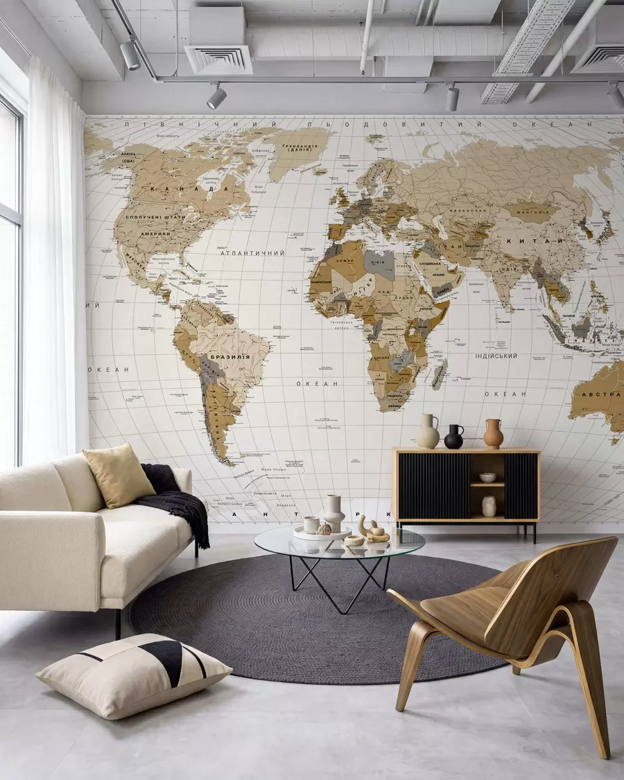 Шпалери Коричнева політична карта світу з прапорами на українській мові c00016uk
