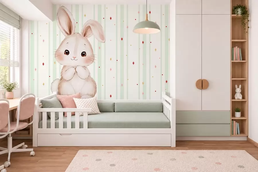 Шпалери Милий зайчик на тлі зелених смужок і яскравих зірок w05920v2