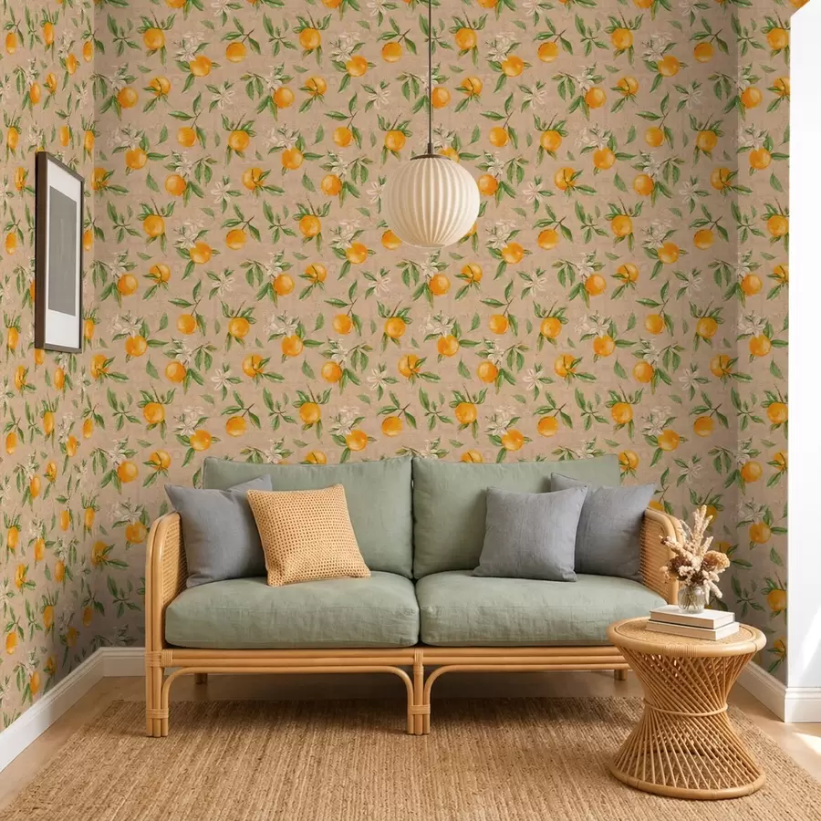 Шпалери Апельсини, зелене листя та білі квіти a01264