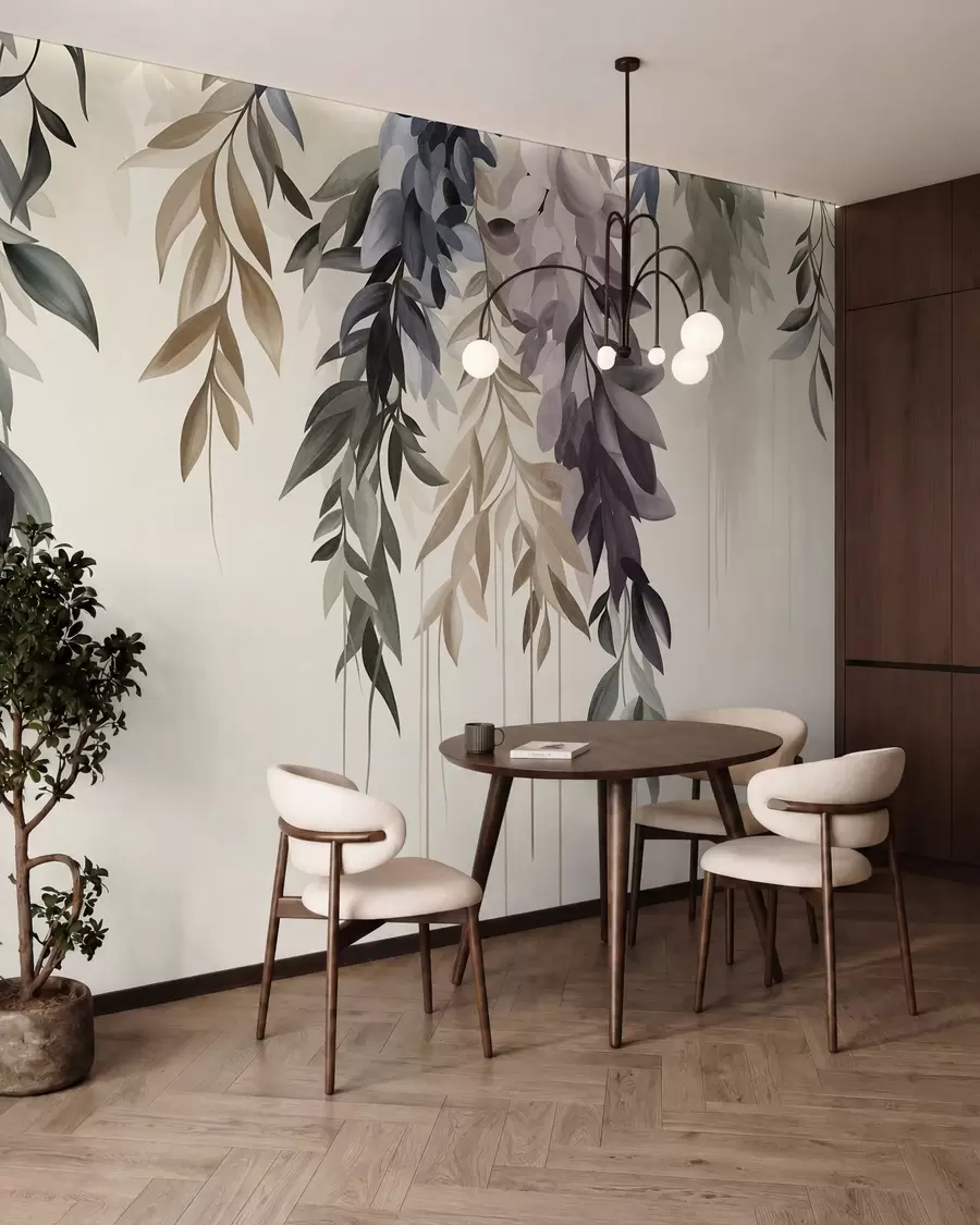 Шпалери Висячі абстрактні листки у відтінках фіолетового, синього та бежевого, з довгими, тонкими стеблами w10057