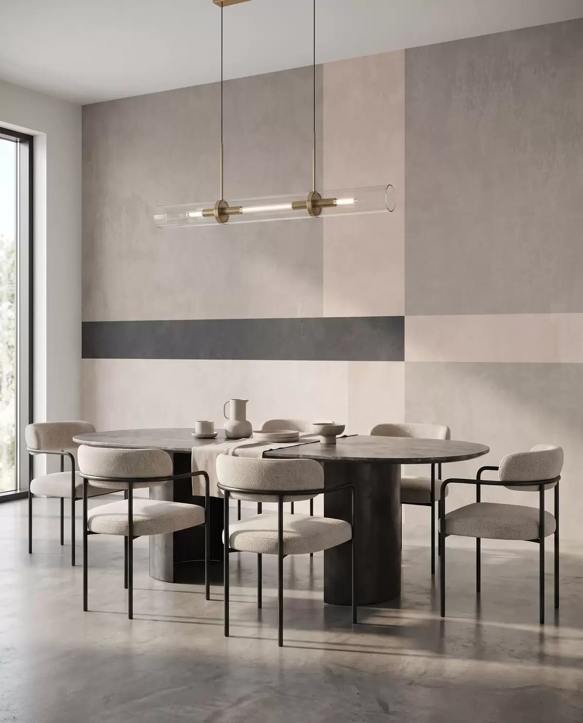 Шпалери Абстрактна геометрія з бежевими та сірими блоками і темною смугою w05891