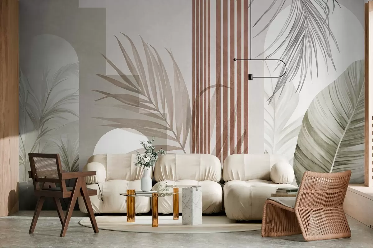 Шпалери Абстрактна композиція з пальмовим листям, геометричними арками та вертикальними смугами w10110