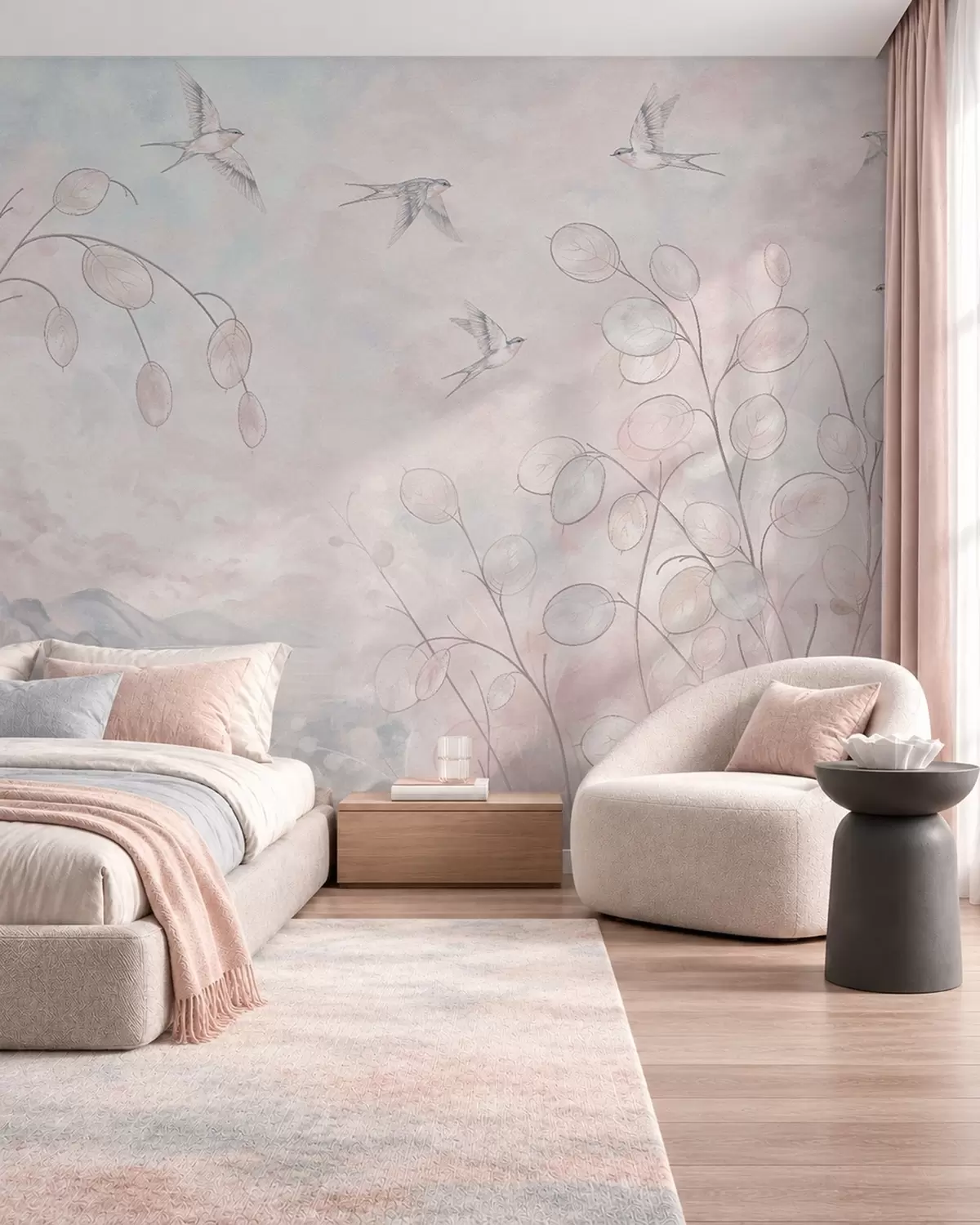 Шпалери Ластівки та витончені рослини в пастельних відтінках w05892v1