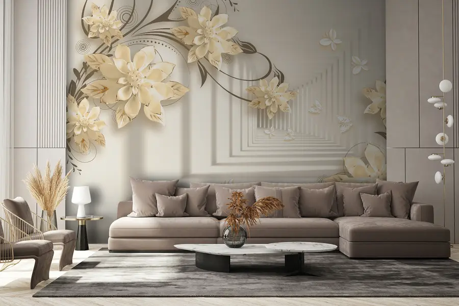 Шпалери Рослинний, біло-жовтий, тунель в пастельних відтінках u21861v2