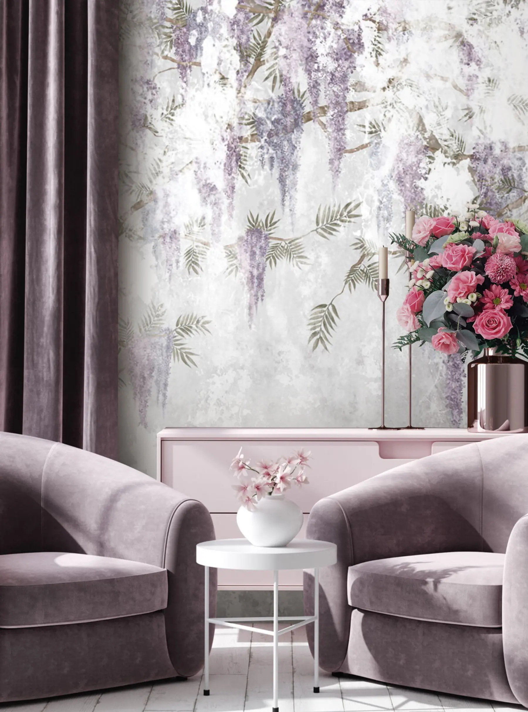 Шпалери Висячі модні гранж гілки з фіолетовими квітами u73816