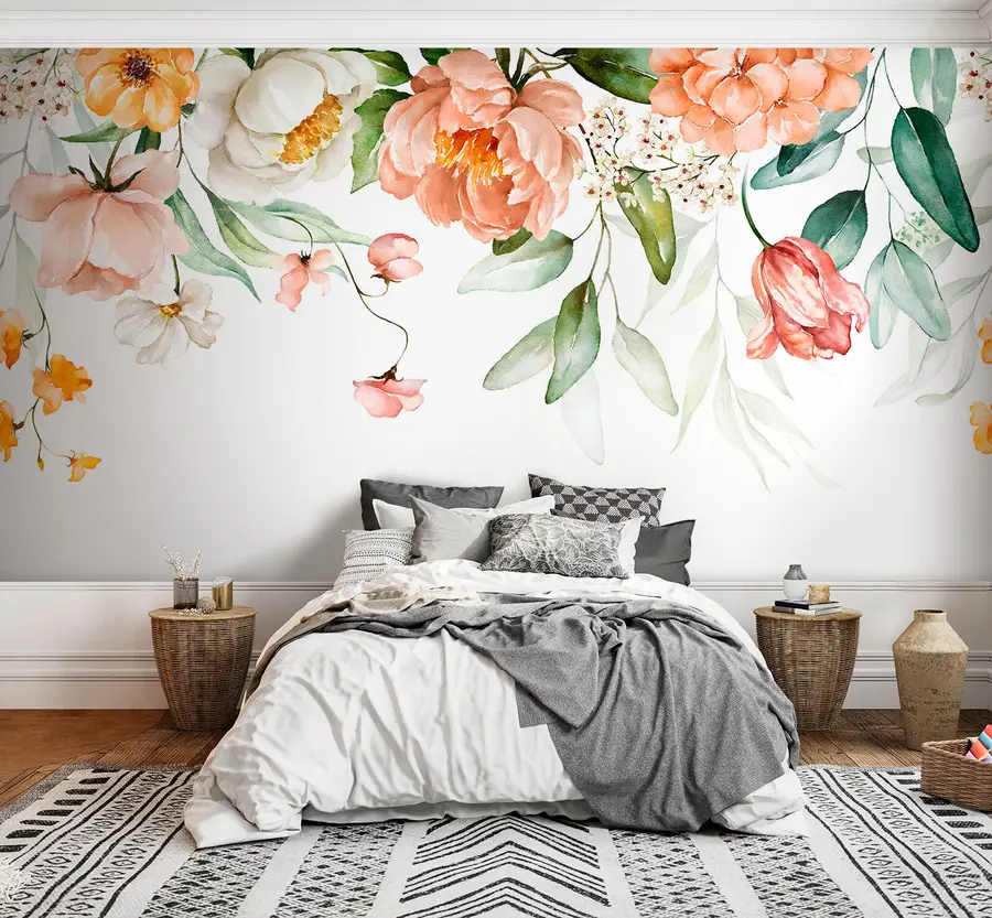 Шпалери Букет кордону - зелене листя і рум'яна рожеві квіти на білому тлі u94427