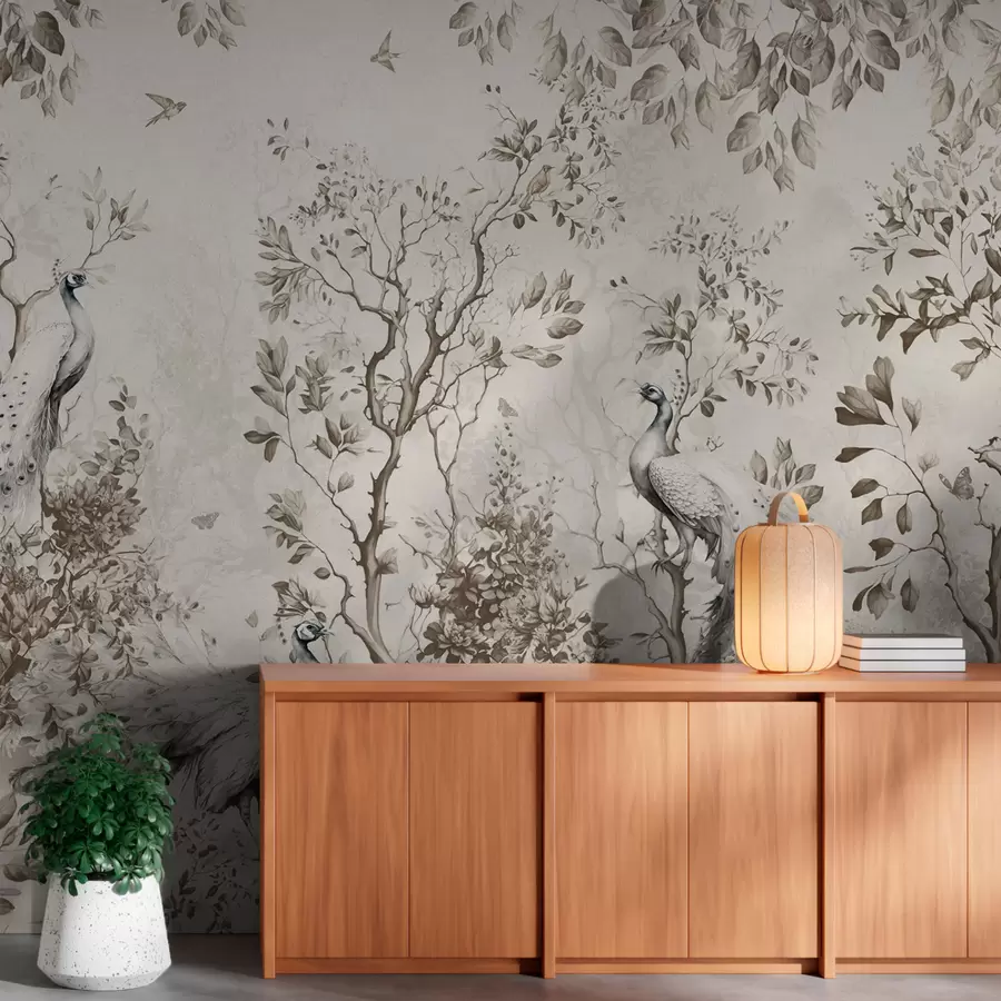 Шпалери Садок з тендітними птахами павлінами u94850