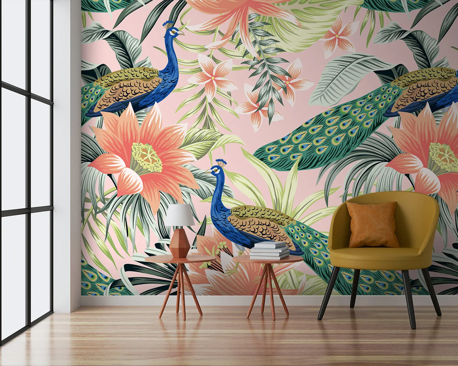 Шпалери Тропічний павич з квітами лотоса та листям пальми u97122