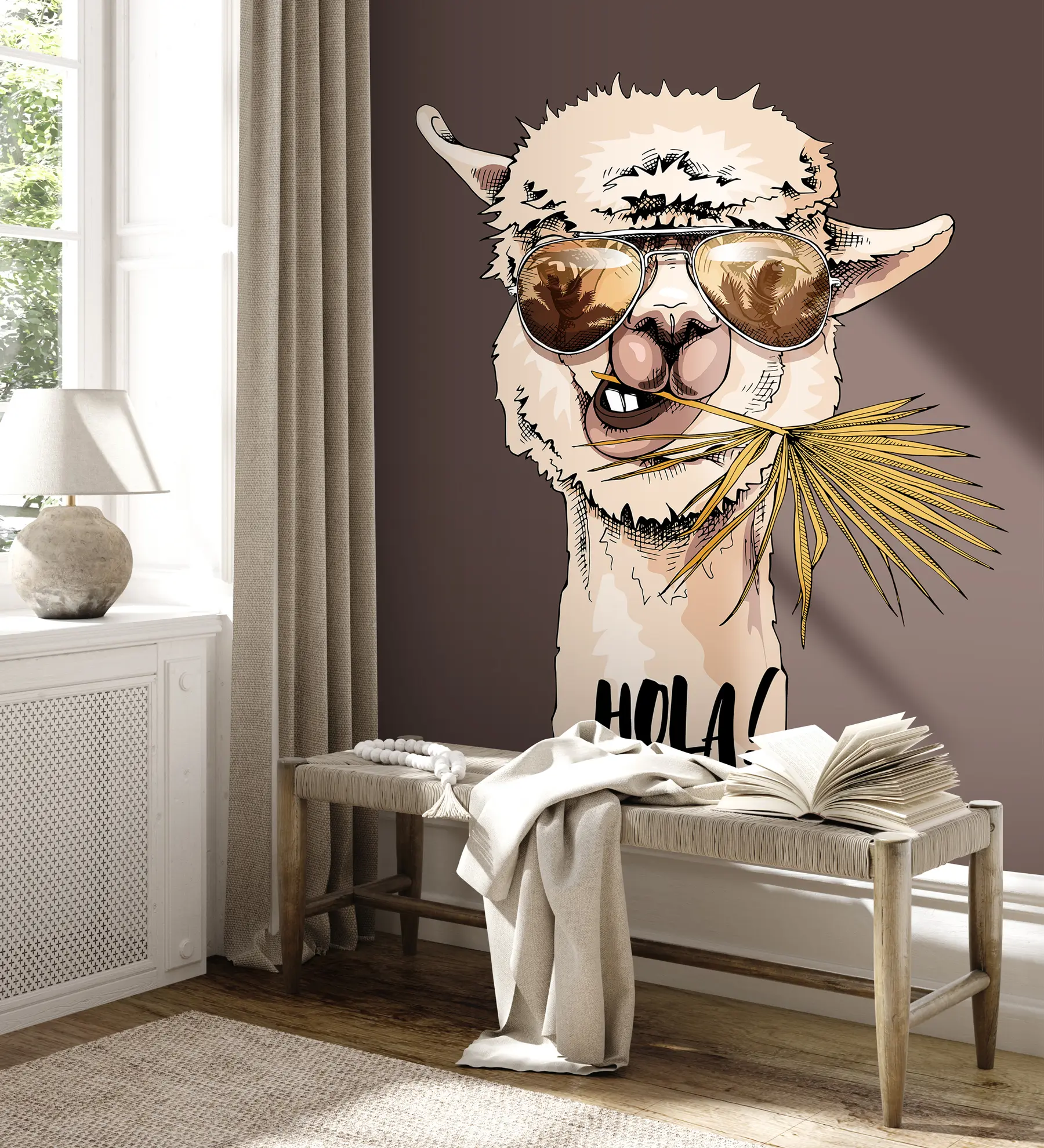 Шпалери Портрет лами в сонячних окулярах із віяловим пальмовим листом u98177