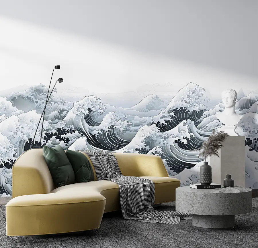 Шпалери Морські хвилі в японському стилі, тема океану, морська тематика, м'які кольори u98898