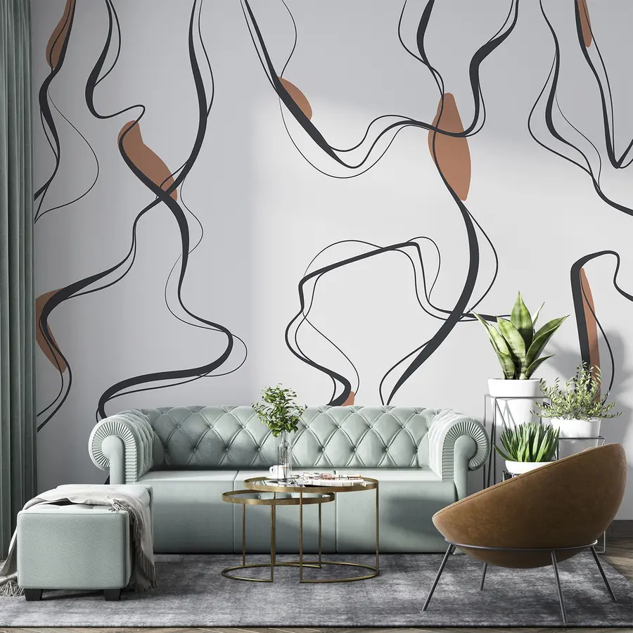 Шпалери Малюнок тушшю, абстрактний візерунок, геометричні лінії, сірий і помаранчевий u99659v3